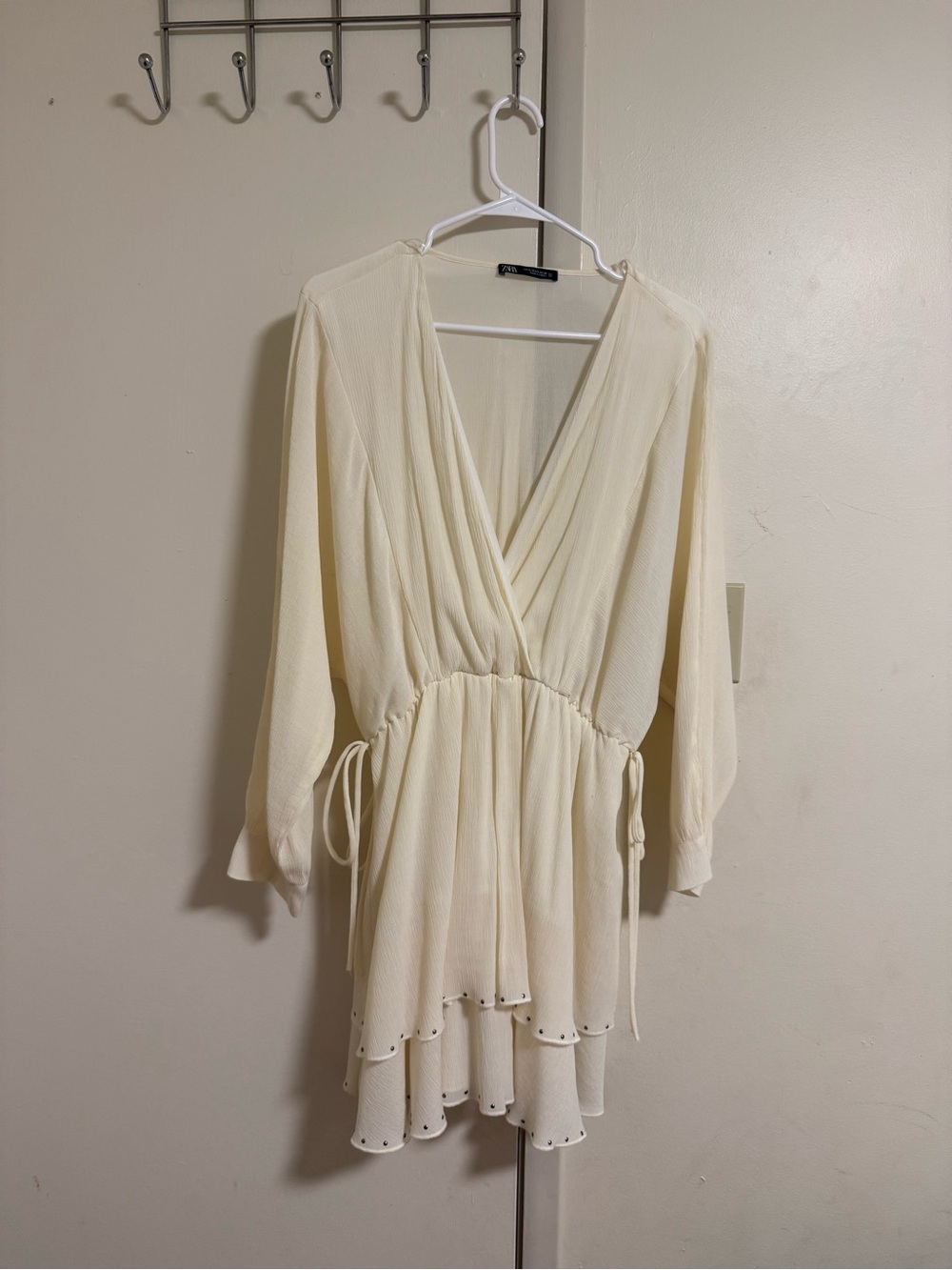 ZARA Cream Off-White Plunge V-Neck Mini Dress - Studded Hem